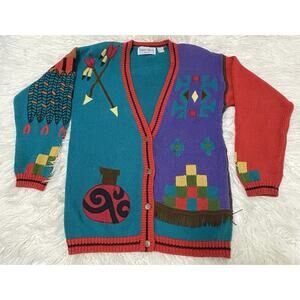 Vintage Southwestern Native American theme Cardigan Sweater Sharon Young Medium